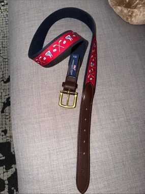 Vineyard Vines Red Embroidered Golf Motif Belt with Brown Leather Trim